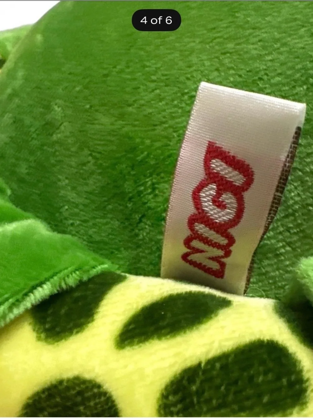Nico Bright Green Plush Turtle Pet Pillow with Yellow Leopard Trim& big sad eyes